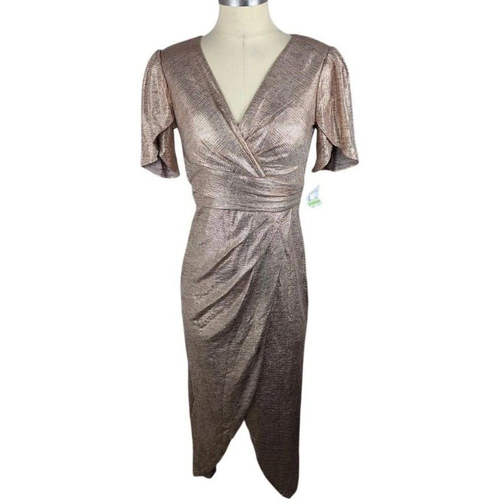 NW Nightway Womens Metallic Maxi Wrap Dress Gold Size 4 - Picture 2 of 5